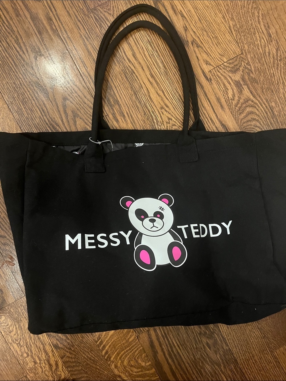 Messy Teddy Black Canvas Tote with Pink Accent Bear